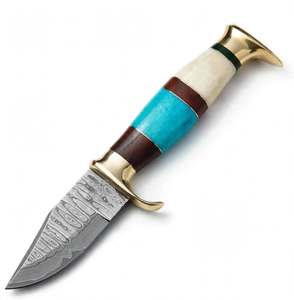 Cuchillo de Carnicero Artesanal de Acero de Damasco con Mango de Hueso Turquesa y Latón, Herramienta de Cocina - Product Image 1