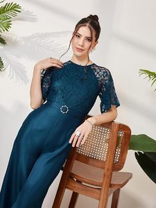 Combinaison élégante pour femme en satin bleu à motifs floraux, respirante, avec manches lanternes en dentelle, taille haute, longueur mi-mollet, idéale pour les cocktails et soirées. - Product Image 3