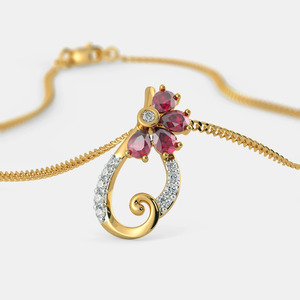 Yellow Gold <b>Ruby</b> Floral Swirl Lab Grown Diamond Pendant <b>Necklace</b> - Product Image 3
