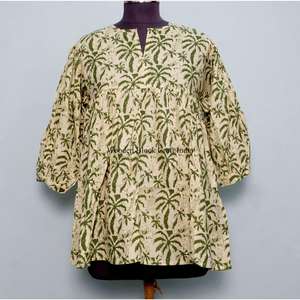 Haut maxi en coton imprimé à la main pour femmes, confortable, respirant, écologique, aux designs élégants, style bohème, motifs floraux japonais pour filles - Product Image 1