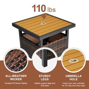 Tavolo da Giardino Quadrato Marrone in Rattan PE con Vano Portaoggetti in Vimini e Foro per Ombrellone - Product Image 1