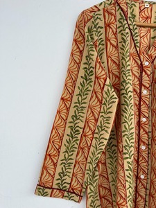 Women’s Beige Rust Botanical Stripe Print Cotton Pajama Set with Long-Sleeve Button-Down <b>Shirt</b> pure cotton pj set for women - Product Image 4