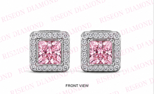 Elegantes pendientes cuadrados tipo halo en oro blanco de 18 quilates con piedras centrales de corte princesa en rosa vibrante y diamantes redondos decorativos. - Product Image 6