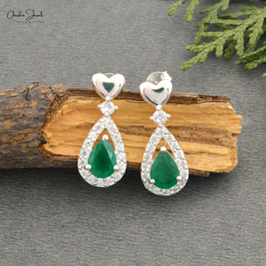 925 Sterling <b>Silver</b> Gold Plated Cubic Zircon Halo Dangling <b>Earrings</b> 7X5mm Pear Cut Emerald Teardrop Wedding Danglers for <b>Women</b> - Product Image 2