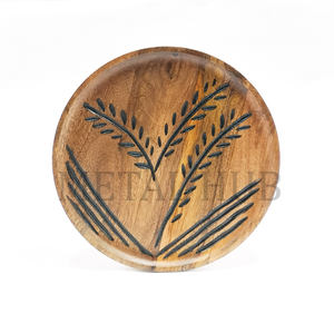 Round Charger <b>Plate</b> with Engraved Leaf Pattern Brown Wood Style Finish Decorative Table Base <b>Plate</b> for Dining Setup Use - Product Image 1