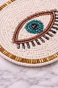 Handmade Beaded Floral Coasters (4 Inch) Eco-Friendly Polyester/Cotton Boho White TurquoiseGold Hotel & Home <b>Table</b> Decor - Product Image 4