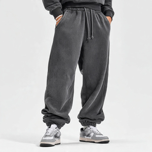 Pantalon de jogging décontracté gris en coton délavé pour homme, taille élastique avec cordon de serrage, style automne, tricoté mi-lourd - Product Image 4