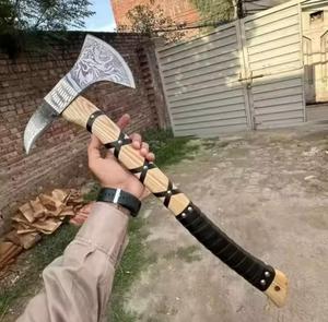 Handmade Hammer <b>Axe</b> Flat Backed High Carbon Steel Blade Rose <b>Wood</b> Handle 12 Inch Overall Length Leather Wrap Survival Use - Product Image 1