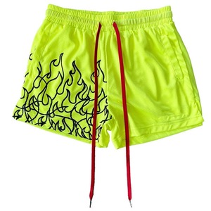 Shorts de boxe rétro amples brodés pour équipe, imprimé flamme blanche, pour entraînement d'arts martiaux avec cordon de serrage néon - Product Image 2
