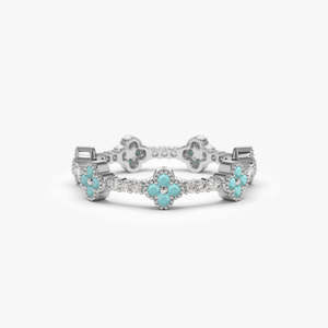 Designer Fine 925 Sterling Silver Gold Plated Eternity Stackable <b>Turquoise</b> Gemstone Dainty Jewelry Famous Clover <b>Ring</b> For Women - Product Image 3