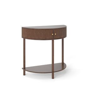 Consolle a mezzaluna artigianale con motivo a onde, design unico in legno marrone con 2 cassetti contenitori - Product Image 1