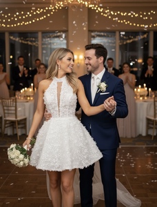 European American Classic Ivory White Women Short Halter Neck Light A-Line Eco-Friendly Anti-Static Sweep <b>Train</b> Wedding Dress - Product Image 2