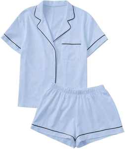 Conjunto de pijama de manga corta color granate para mujer con ribete blanco, ropa de dormir clásica de algodón, conjunto de pantalones cortos con botones delanteros para verano - Product Image 6