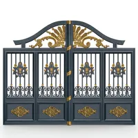 Portail Principal Décoratif en Fer Forgé de Luxe, Design Doré Ornemental, Double Porte Élégante pour Entrée Résidentielle, Sécurité et Chantier