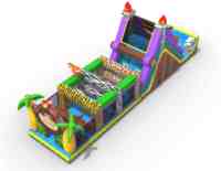 Parcours d'obstacles gonflable forestier avec toboggan, château gonflable, aire de jeux extérieure, toboggan gonflable, château gonflable avec toboggan, toboggan de parc, obstacle de saut