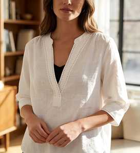 Blusa de Lino para Mujer, Cuello en V, Estilo Casual, Holgada, Minimalista, Túnica de Lino de Verano, Manga Larga, Ligera - Product Image 1