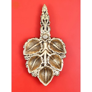 9 Inches Handheld Puja Panch Aarti Diya <b>Leaf</b> Design Handmade Brass Diya for Temple Sculpture Category - Product Image 2