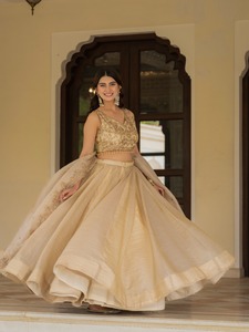Blusa Bordada con Lentejuelas y Conjunto de Lehenga Dorado Liso - Product Image 2