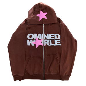 Sudadera con capucha y cremallera Omined World Star Print para hombre, estilo oversize, de forro polar, streetwear, negra con logo morado frontal - Product Image 5