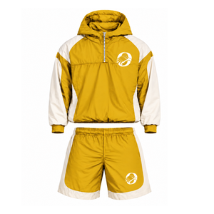 Mens Golden Yellow Neutral Colorblock Nylon <b>Hoodie</b> Shorts Set Lightweight Quarter Zip <b>Running</b> Training Athletic Sportswear - Product Image 1