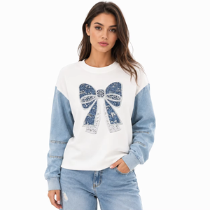 Custom Luxury Women's Vintage Denim Patchwork Sleeved Hoodies Oversized Cotton/Blend <b>Jacket</b> <b>Rhinestone</b> Pullover Double Hooded - Product Image 2