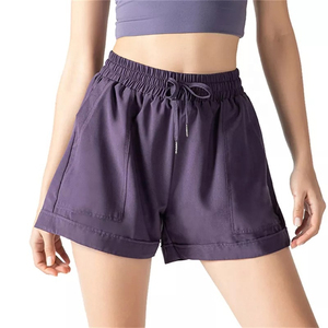 Shorts pour femmes à taille haute, couleur unie, avec cordon de serrage, poches, coupe ample, style décontracté, tricoté en polyester respirant, style sportif - Product Image 3