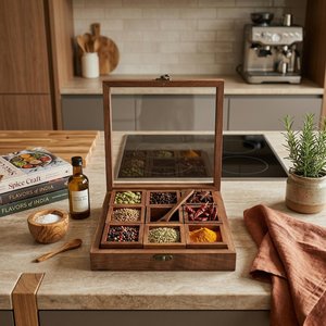 Boîte à épices en bois de Sheesham avec cuillère : Masala Dabba, organisateur de rangement de cuisine, récipient à assaisonnements, en bois durable et artisanal - Product Image 5