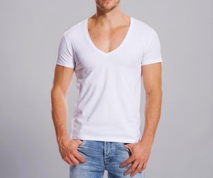 Deep V Neck <b>Vintage</b> <b>T</b>-<b>Shirt</b> Slim Fit Short Sleeve Quick Dry Anti-Pilling Polyester/Cotton 180g Training - Product Image 3