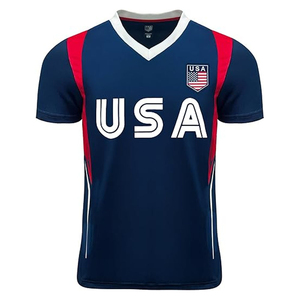 Camiseta de Fútbol de EE. UU. para Hombre, Manga Corta, Estampado Sublimado, Malla Transpirable, Ajuste Atlético, Diseño a Rayas Blanco, Rojo y Azul, Cuello Redondo - Product Image 1