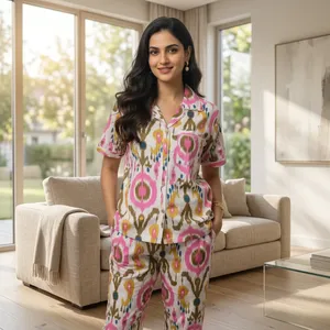 Jaipur 100% Cotton Women's Night <b>Suit</b> Printed Lightweight Summer Short Sleeve <b>Pajama</b> Set Comfortable Home Wear Sleepwear Custom - Product Image 2