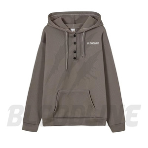 Sweat-shirt à capuche unisexe Bloodline, col boutonné, coupe ample, noir uni, coton French Terry, décontracté, pour l'automne - Product Image 4