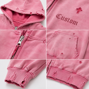 Sweat-shirt à capuche zippé rose vieilli pour homme, en molleton de coton oversize, style streetwear déchiré, fermeture éclair intégrale, décontracté, vente en gros - Product Image 4
