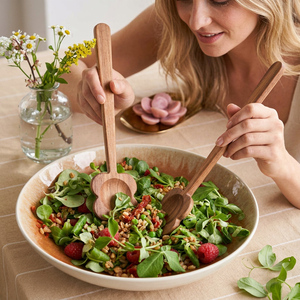 Ensemble d'ustensiles de cuisine en bois faits à la main, écologiques, durables et légers, avec support en teck et acacia, cuillères pour la cuisson - Product Image 1