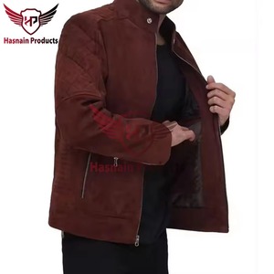 Mens Real Brown Suede <b>Jacket</b> Sheepskin Snap Tab Collar Cafe Racer Zip Pockets Moto Coat Custom Winter Warm Outerwear Apparel - Product Image 3