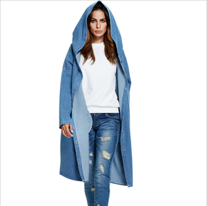 Gabardina Larga de Mezclilla Azul para Mujer, Chaqueta Maxi con Cuello Vuelto y Botones, Prenda Exterior - Product Image 4