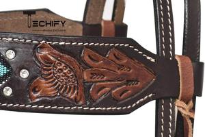 Ensemble de têtière et de collier de poitrine pour cheval de style western haut de gamme, en cuir ciselé à la main avec incrustation de turquoise, équipement équestre - Product Image 5