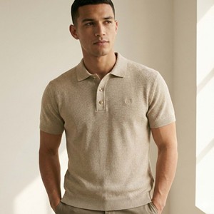 Premium 100% Cotton <b>Waffle</b> Knit Print for <b>Shirt</b> Men Short Sleeve Beige Relaxed Fit Streetwear Casual Vintage Knitted OEM - Product Image 1