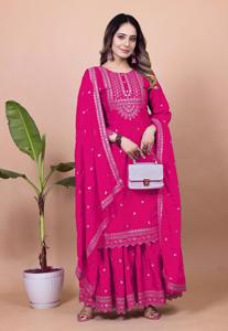 Beautiful Chinon Silk <b>Sequin</b> Frock Style Kurti <b>Flared</b> Sharara Long Embroidered Stole Combo Three Piece Indian Outfit - Product Image 3