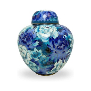 Urna Funeraria Metálica Azul Cobalto con Motivo Floral Intrincado, Silueta de Globo, Tapa Segura, Recuerdo Conmemorativo de Cremación - Product Image 5
