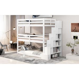 Letto a Castello Triplo Bianco Misura Twin con Scala Contenitore e Design Separato per Bambini - Product Image 5