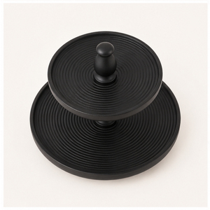 Modern 2-Tier Black Wooden Cake <b>Stand</b> and Tiered Serving Tray with Ribbed Design Table Centerpiece for <b>Cupcakes</b> Desserts - Product Image 3