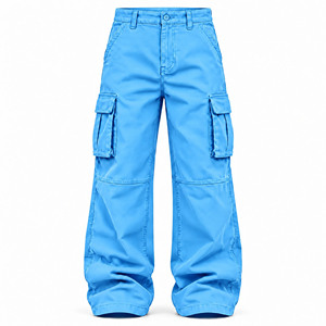 Pantalones Cargo Azul Claro para Hombre, de Pierna Ancha, Cintura Media, Estilo Urbano, con Múltiples Bolsillos - Product Image 1