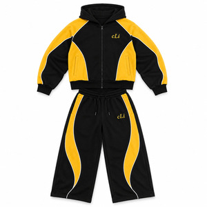 Conjuntos de sudadera de invierno de alta calidad con bloques de color, cremallera, estilo oversize, forro polar grueso y joggers anchos holgados, con bordado personalizado - Product Image 5