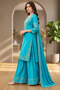 Ensemble 3 pièces en satin de soie 100% bleu ciel uni pour femme, Kurta, Palazzo et Dupatta, manches trois-quarts, brodé, ethnique - Product Image 6