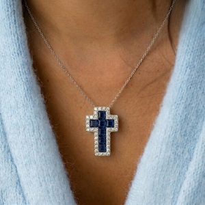 Quick Delivery Jewelry Special Design High End White Gold Natural Diamond & Sapphire Classic Cross Pendant Unisex <b>Gift</b> - Product Image 4