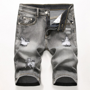 <b>mens</b> dark indigo blue distressed denim shorts golden yellow topstitching vintage ripped details custom logo casual summer - Product Image 4