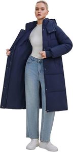 Parka Larga Acolchada para Mujer, con Capucha, Manga Larga, Color Azul Marino Sólido, Abrigo Cálido de Invierno con Cierre de Cremallera, Relleno Grueso de Fibra de Poliéster - Product Image 3