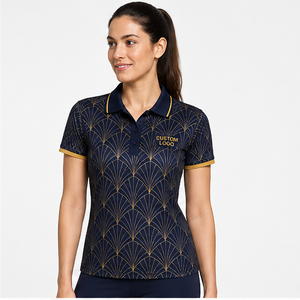 Polo de Manga Corta con Logotipo Personalizado para Mujer, Diseño Geométrico Art Deco en Negro y Dorado, Secado Rápido, Sublimación, Ropa Deportiva de Golf - Product Image 4