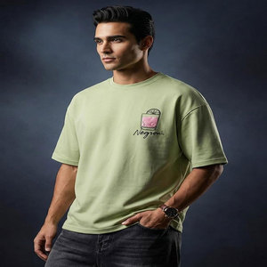 Camiseta de Hombre con Ribete en Contraste Verde, Manga Corta, Corte Regular, Cuello Redondo, Estilo Casual, Tejido de Seda/Algodón, Secado Rápido, Color Sólido - Product Image 1