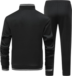 Ensemble survêtement homme noir, sweat-shirt et pantalon à fermeture éclair intégrale, couleur unie, style sportif avec poches latérales, pantalon en polyester respirant - Product Image 2